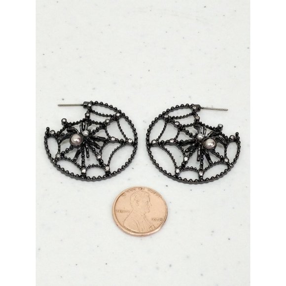 Spiderweb Pierce Earrings With Rhinestone Cosplay Hoop Gunmetal - Picture 4 of 9